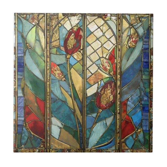 Azulejo El Jefe Rojo de Vidrio Manchado atiende al amanece (Frente)