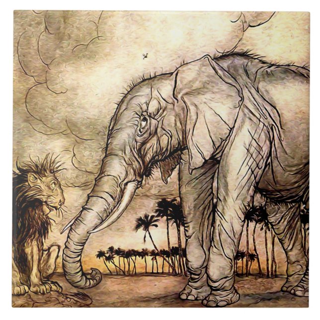 Azulejo "El león y el elefante" por Arthur Rackham (Frente)