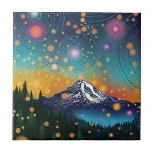 Azulejo El monte Rainier por la noche Starry Sky y luciérn