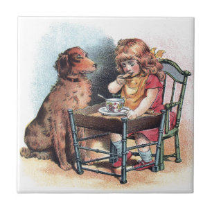 Azulejo El niño de observación del perro come