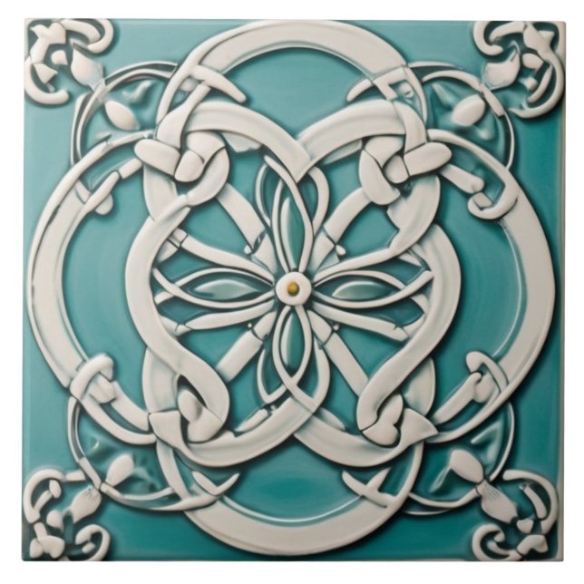 Azulejo El nudo celta inspira turquesa y flor blanca (Frente)