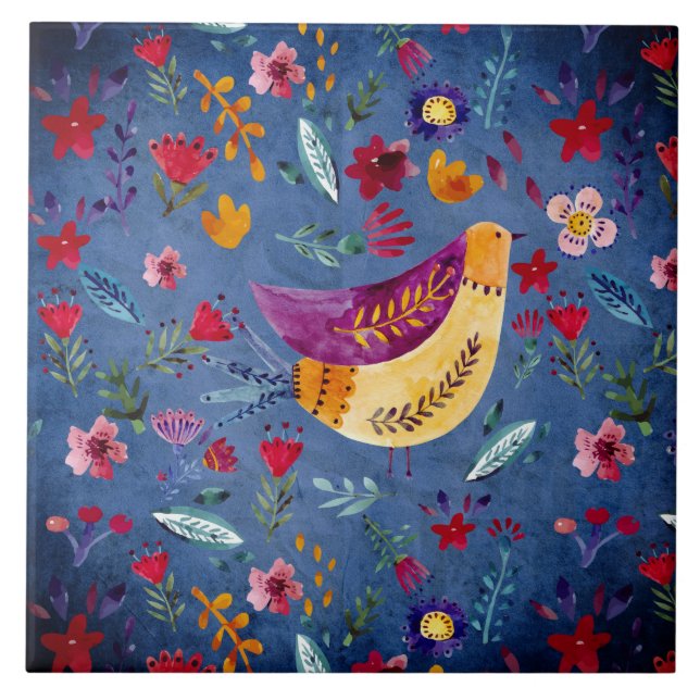 Azulejo El pájaro temprano en el jardín de flores (Frente)