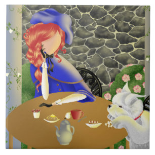 Azulejo El perro y la dama de café al atardecer