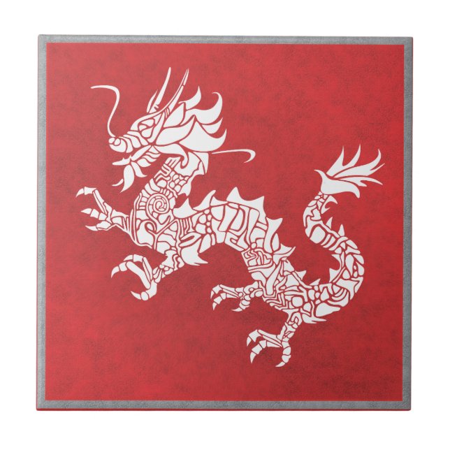 Azulejo El rojo del emblema tribal dragón chino (Frente)