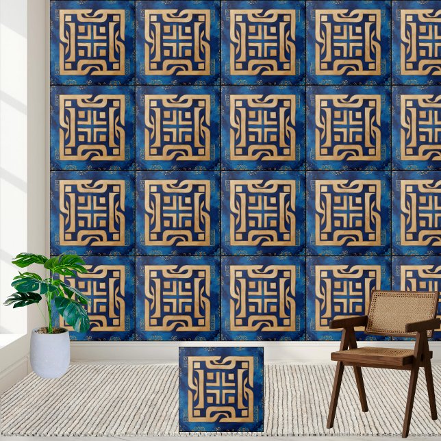 Azulejo El viejo mosaico del patrón de clave griega en oro (Ancient Greek Key Pattern Tile in Gold and Blue)