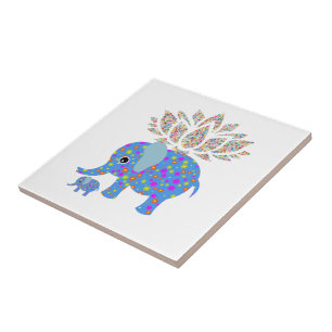 Azulejo Elefante Azul Floral Cerámico