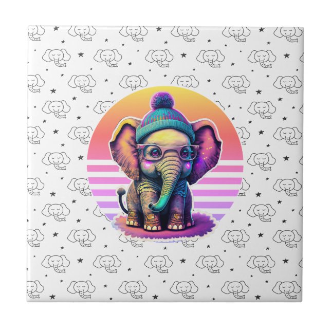 Azulejo Elefante bebé con gafas y beanias (Frente)