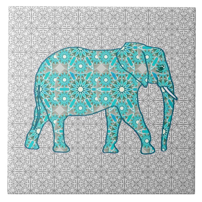 Azulejo Elefante de flores de Mandala - turquesa, gris y b (Frente)