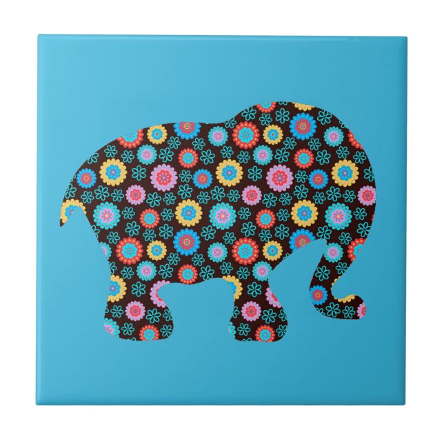 Azulejo Elefante de patrón de flores en azul (Frente)