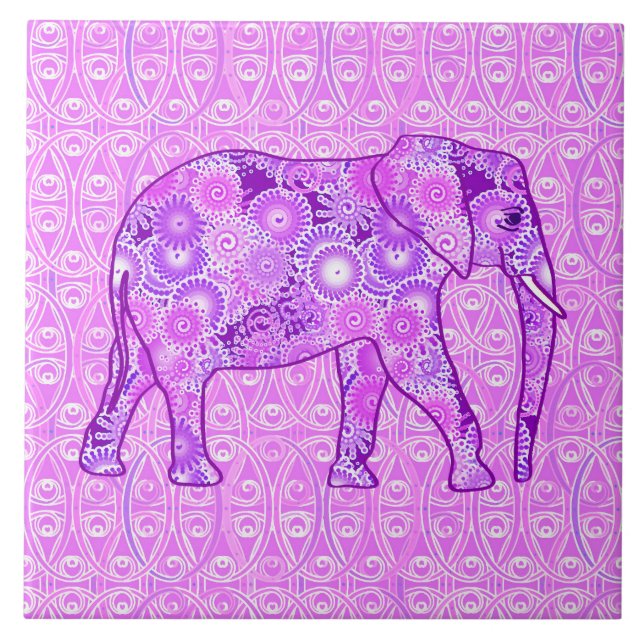 Azulejo Elefante del remolino del fractal - púrpura y (Frente)