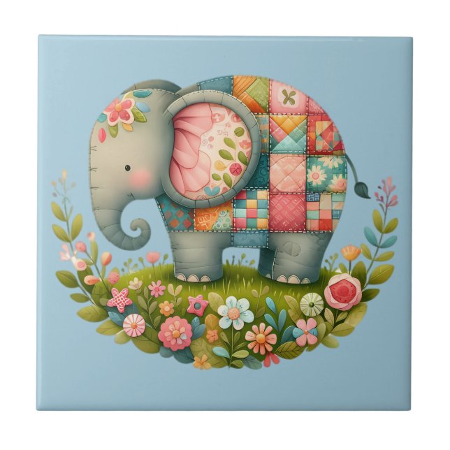 Azulejo Elefante Floral de Pradera con Parche de Colchas E (Frente)