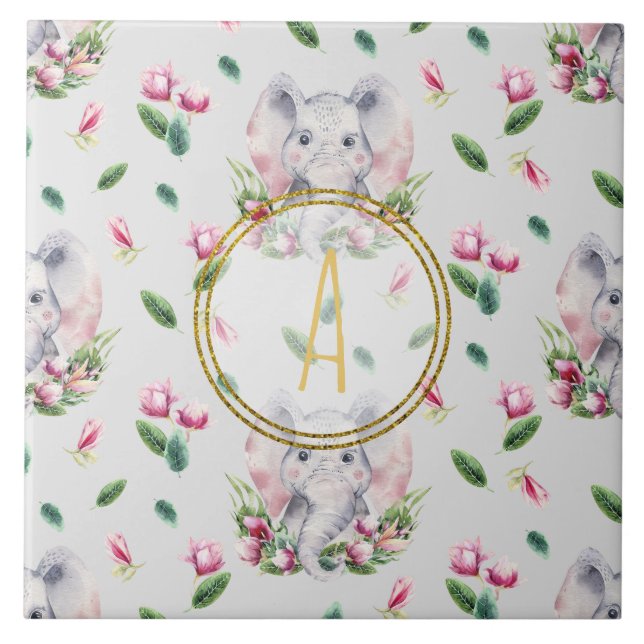 Azulejo ELEFANTE Floral Monograma Chica Dormitorio rosa (Frente)
