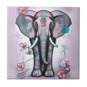 Azulejo Elefante gris indio adornado con flores