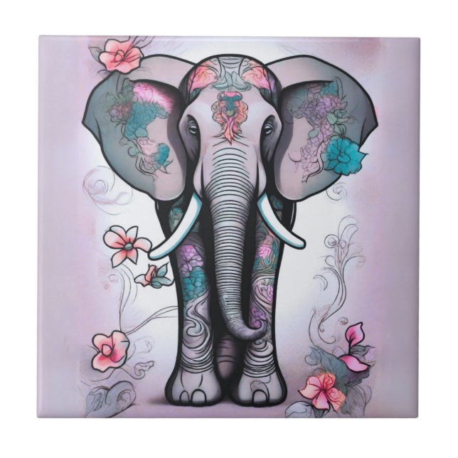Azulejo Elefante gris indio adornado con flores (Frente)