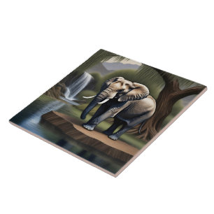 Azulejo Elefante majestuoso junto a una serena cascada al 
