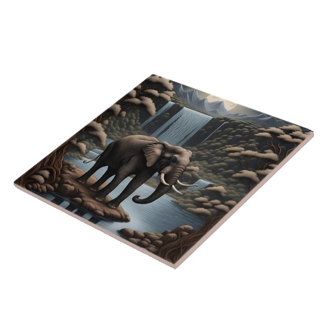 Azulejo Elefante majestuoso por cascadas serenas de noche (Lado)