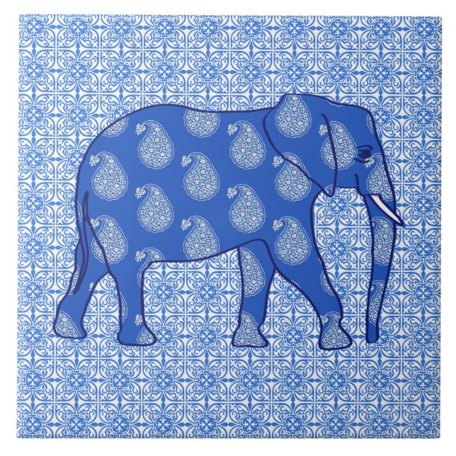 Azulejo Elefante paisley - azul cobalto y blanco (Frente)