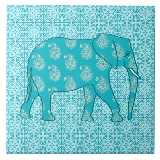 Azulejo Elefante paisley - turquesa y aqua (Frente)