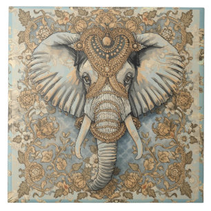 Azulejo Elefante Vintage, Elefante Antiguo, Azul Suave Dor