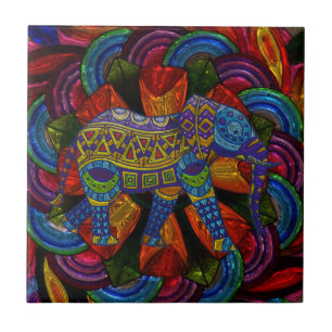 Azulejo Elefante y Mandala Coloridos y Ornamentados