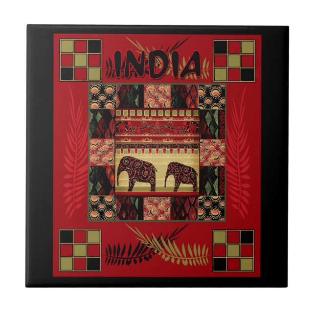Azulejo elefantes étnicos de India (Frente)