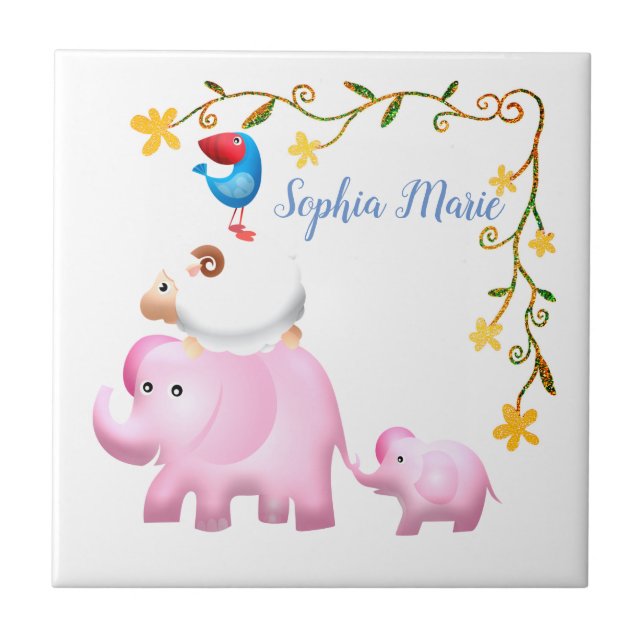 Azulejo Elefantes, torre animal de ovejas y aves (Frente)