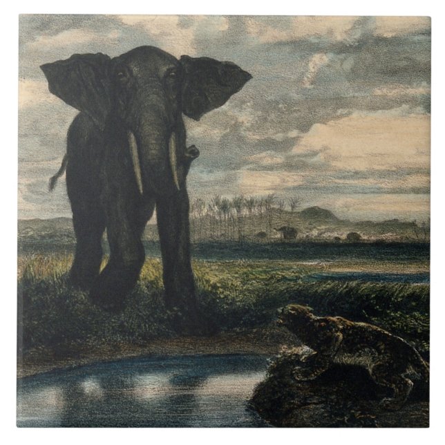 Azulejo Elefantes y una pantera en el desierto indio (Frente)