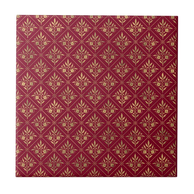 Azulejo Elegancia dorada - Bordeaux Red & Gold Botanical (Frente)