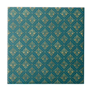 Azulejo Elegancia Dorada – Botánico de Turquesa Oscuro y D