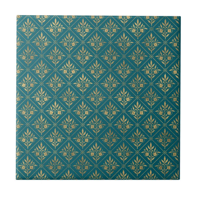 Azulejo Elegancia Dorada – Botánico de Turquesa Oscuro y D (Frente)
