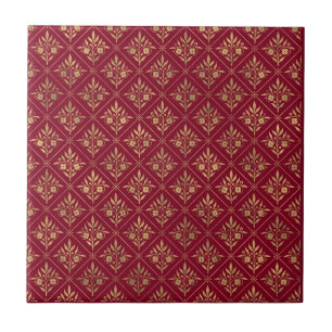 Azulejo Elegancia Dorada – Botánico Rojo Burdeos y Dorado
