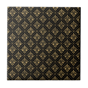 Azulejo Elegancia Dorada - Botánico Sin Costuras Negro y D