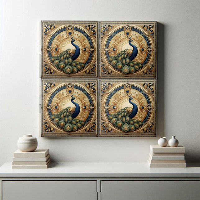 Azulejo Elegancia Dorada Majestuoso Pavo Real Art Deco (Golden Elegance Majestic Peacock Feather Art Deco Ceramic Tile)