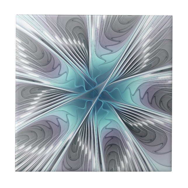 Azulejo Elegancia Flor de Arte Fractal Blanco Gris Azul (Frente)