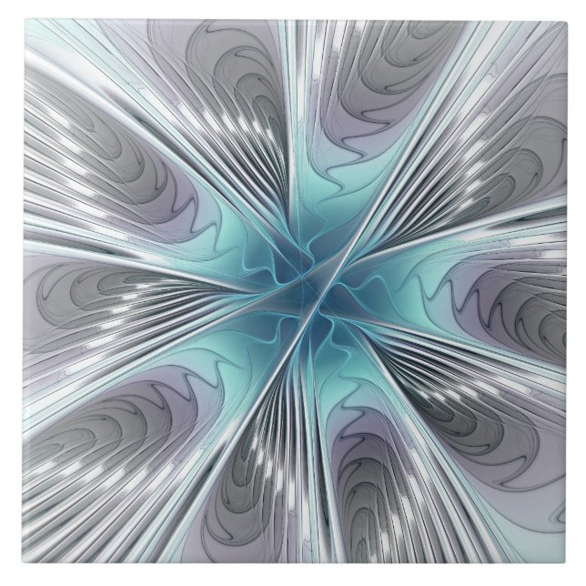 Azulejo Elegancia Flor de Arte Fractal Blanco Gris Azul (Frente)