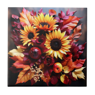 Azulejo Elegancia otoñal hojas de acuarela y girasoles