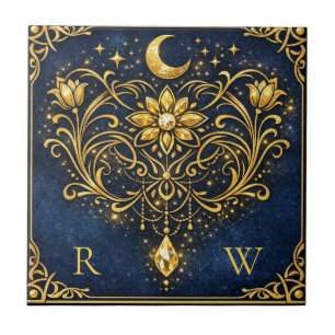Azulejo Elegancia Vintage Oro Místico Celestial Monograma 