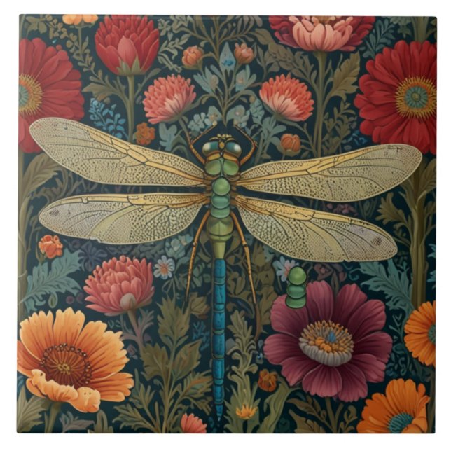 Azulejo Elegant art nouveau Autumn floral Dragonfly (Frente)