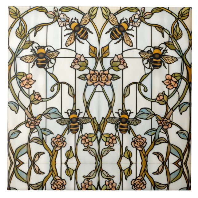 Azulejo Elegant art nouveau botanical  bee stain glass (Frente)