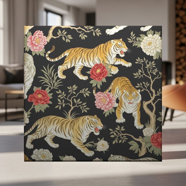 Azulejo Elegant Black Chinoiserie Tiger and Peony Pattern (Subido por el creador)