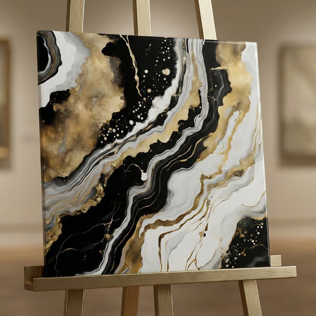 Azulejo Elegant Black Gold & White Agate Marble Fluid Art (Subido por el creador)