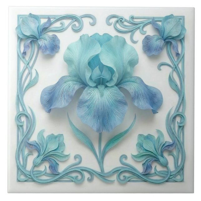 Azulejo Elegant Blue Art Deco Stylized Lilies (Frente)