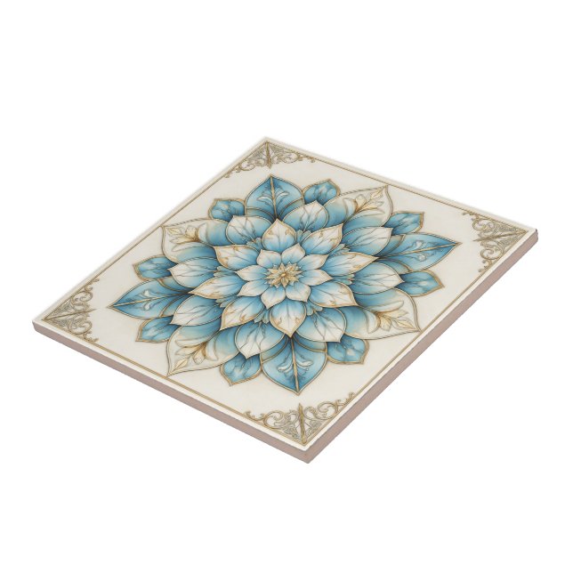 Azulejo Elegant Blue Gold Floral Mandala Ceramic Tile (Lado)