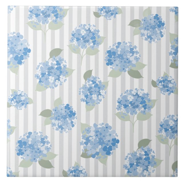Azulejo Elegant Blue Hydrangea Pattern Gray Stripe  (Frente)