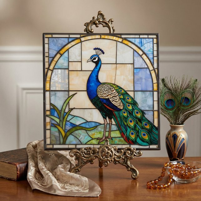 Azulejo Elegant Blue Peacock Faux Stained Glass Mosaic Art (Subido por el creador)
