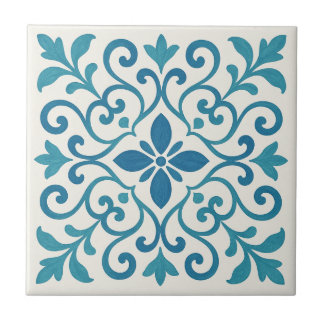 Azulejo Elegant Blue & Turquoise Mediterranean Floral Tile
