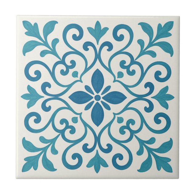 Azulejo Elegant Blue & Turquoise Mediterranean Floral Tile (Frente)
