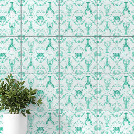 Azulejo Elegant Coastal Lobster and Crabs in Mint Green