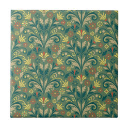 Azulejo Elegant Floral Pattern in Yellow and Red on Green