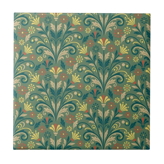 Azulejo Elegant Floral Pattern in Yellow and Red on Green (Frente)